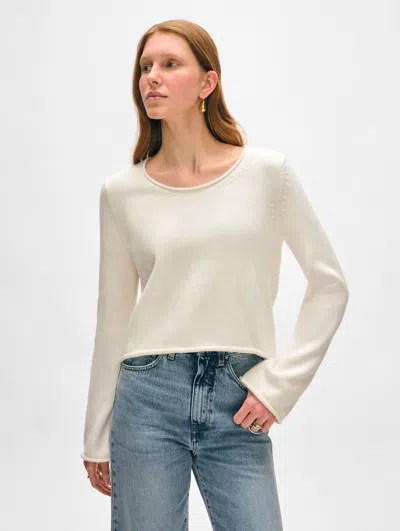 White + Warren Organic Cotton Roll Trim Crewneck Top In Ivory