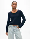 White + Warren Organic Cotton Roll Trim Crewneck Top In Navy Blue In Navy Blue