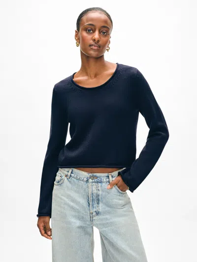 White + Warren Organic Cotton Roll Trim Crewneck Top In Navy Blue