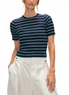 White + Warren Organic Cotton Terry Blend Tshirt In Navy Stripe In Blue