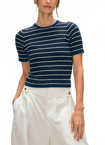 White + Warren Organic Cotton Terry Blend Tshirt In Navy Stripe In Blue