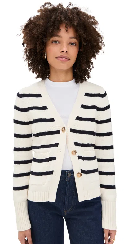 White + Warren Cotton Waisted Pocket Cardigan Ivory/navy