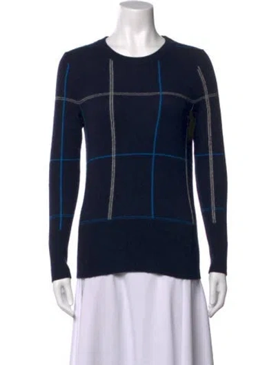 Pre-owned White + Warren Plaid Print Crew Neck Sweater In Blue