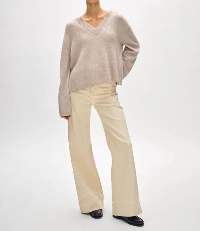 White + Warren Side Slit V Neck Sweater In Sand Wisp Heather