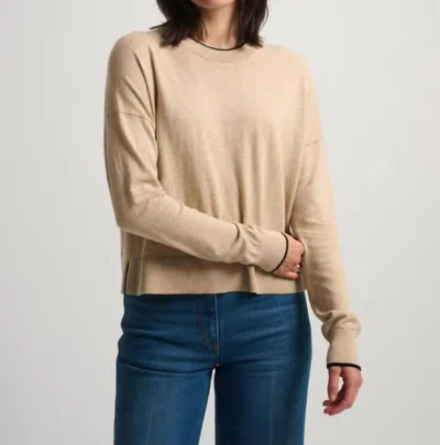 White + Warren Silk Rib Trim Sweater In Crema/black In Beige