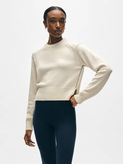 White + Warren Soft Cotton Rib Trim Sweatshirt In Ivory/navy Blue