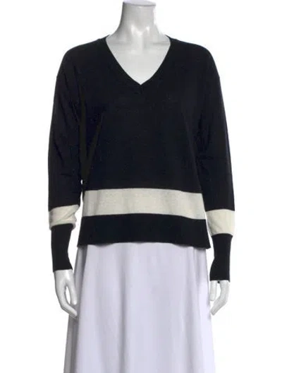 Pre-owned White + Warren Striped V-neck Sweater In Black