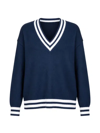 White + Warren Striped-trim V-neck Sweater In Blue