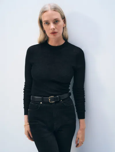 White + Warren Superfine Cashmere Blend Waffle Crewneck Top In Black