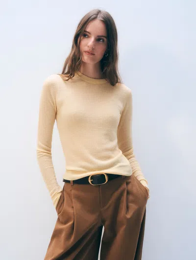White + Warren Superfine Cashmere Blend Waffle Crewneck Top In Buttercream Yellow In Brown