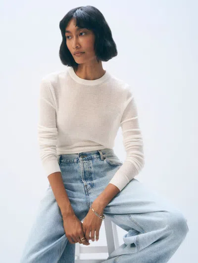 White + Warren Superfine Cashmere Blend Waffle Crewneck White Top