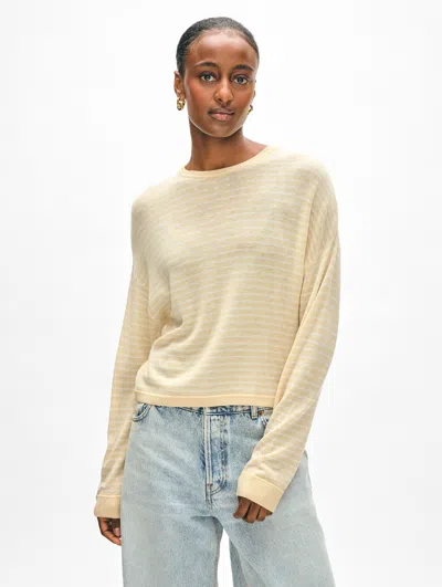 White + Warren Superfine Cashmere Striped Sweatshirt In Buttercream/white