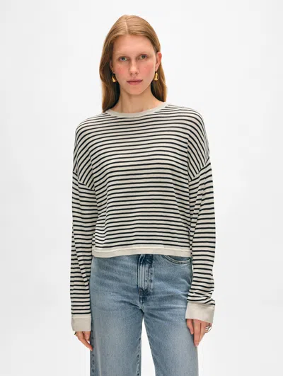White + Warren Superfine Cashmere Striped Sweatshirt In White/black
