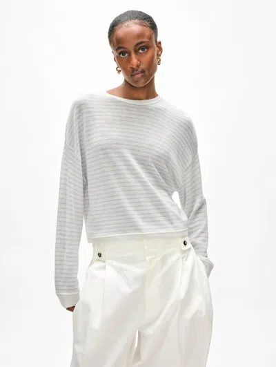 White + Warren Superfine Cashmere Striped Sweatshirt In White/horizon Blue