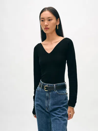 White + Warren Superfine Merino Ribbed V Neck Top In Black