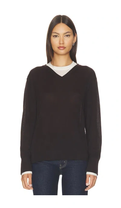 White + Warren Superfine Merino V Neck Top In Brown
