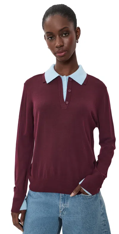 White + Warren Superfine Merino Wool Layered Polo Black Cherry/light Blue Trim In Burgundy