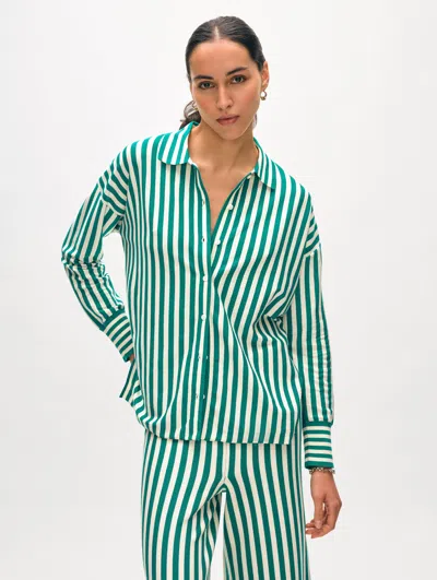 White + Warren Superfine Organic Cotton Striped Shirt Sweater In Teal Green/white