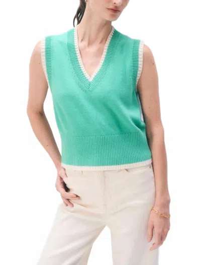 White + Warren Varsity Cotton Sweater Vest In Retro Green/ivory