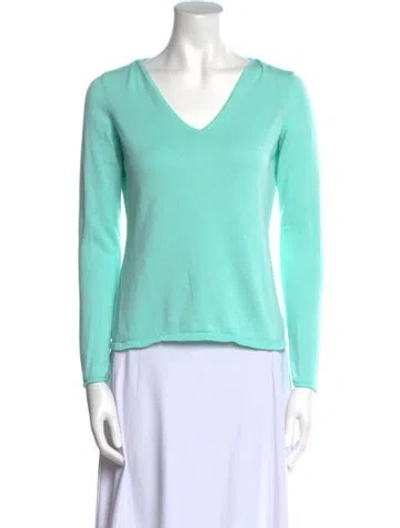 Pre-owned White + Warren V-neck Long Sleeve Top In Blue
