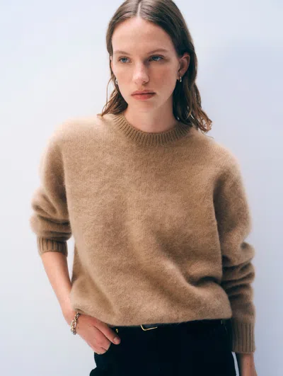 White + Warren White & Warren Brushed Cashmere Striped Crewneck Top In Burnt Caramel In Brown