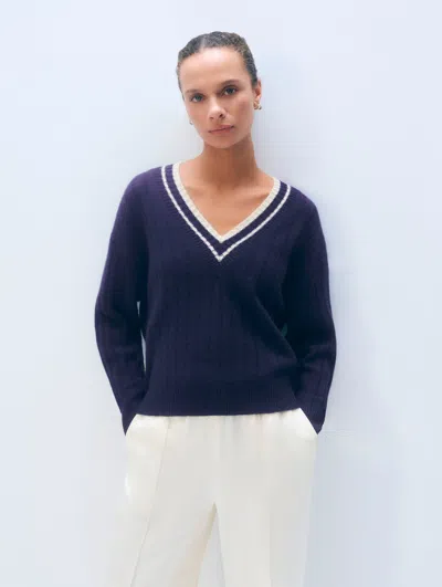 White + Warren White & Warren Cashemre Varsity V Neck Sweater In Deep Navy/natural