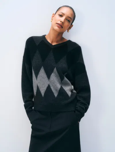White + Warren White & Warren Cashmere Argyle Oversized V-neck Sweater In Black