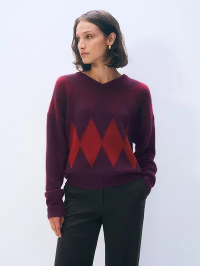 White + Warren White & Warren Cashmere Argyle Oversized V-neck Sweater In Sangria Combo