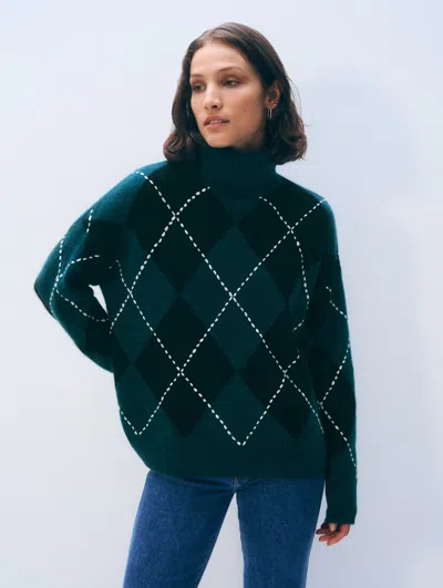 White + Warren White & Warren Cashmere Argyle Tutrleneck Sweater In Dark Emerald Marl