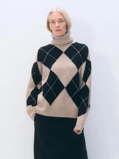 White + Warren White & Warren Cashmere Argyle Tutrleneck Sweater In Taupe Heather Marl