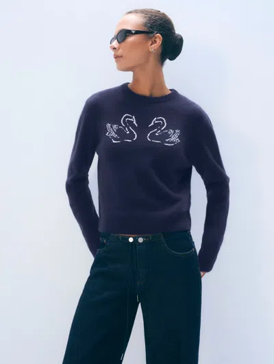 White + Warren White & Warren Cashmere Blend Embroiedered Swan Sweater In Navy