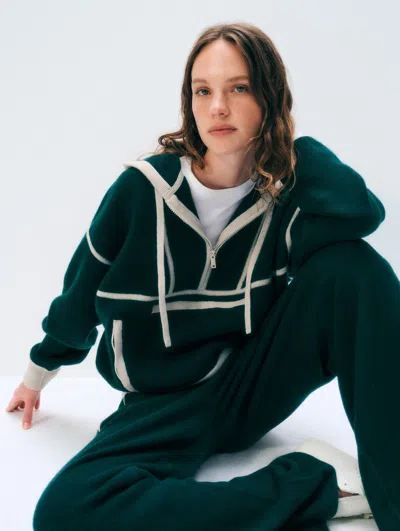 White + Warren White & Warren Cashmere Blend Half Zip Hoodie In Dark Emerald/ivory