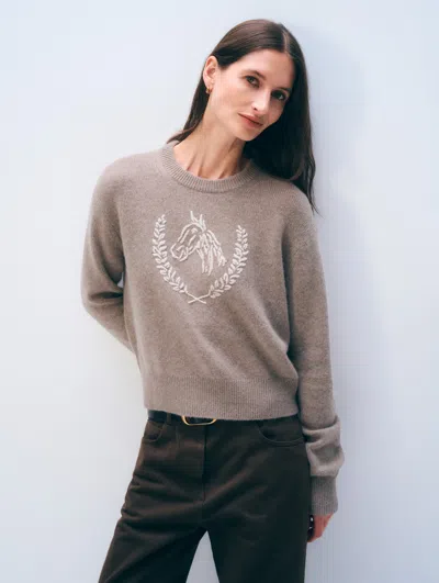 White + Warren White & Warren Cashmere Blend Horse Embroidered Crewneck Sweater Top In Misty Brown/ivory