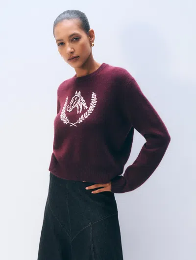 White + Warren White & Warren Cashmere Blend Horse Embroidered Crewneck Sweater Top In Oxblood/ivory