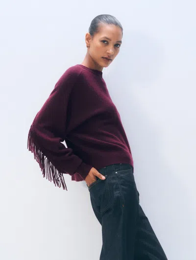 White + Warren White & Warren Cashmere Blend Luxe Fringe Crewneck Top In Oxblood