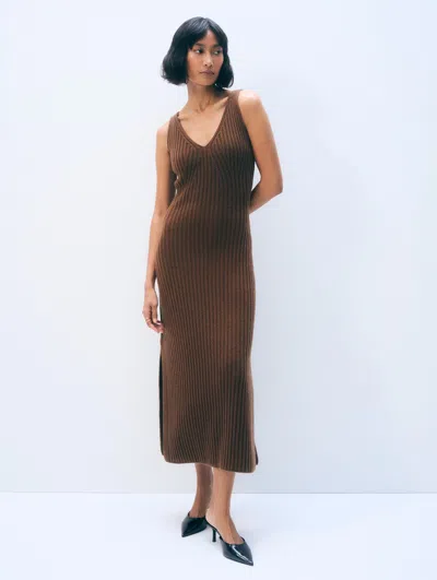 White + Warren White & Warren Cashmere Blend Ribbed Midi Dress In Umber In Brown