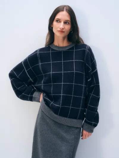 White + Warren White & Warren Cashmere Blend Windowpane Sweatshirt In Navy Blue Combo