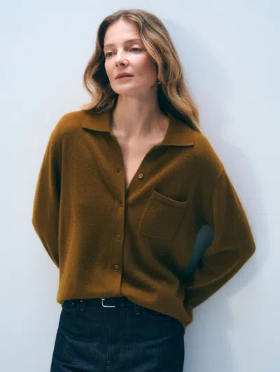 White + Warren White & Warren Cashmere Button Down Shirt Sweater In Gold In Brown