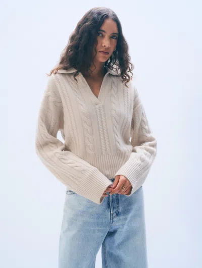 White + Warren White & Warren Cashmere Cable Long Sleeve Polo Sweater In Natural Heather