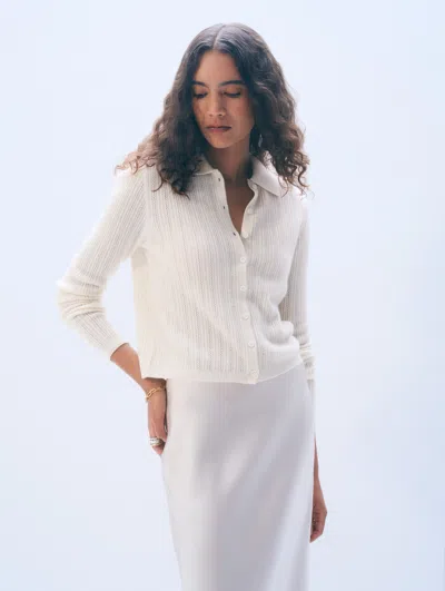 White + Warren White & Warren Cashmere Collared Pointelle Shirt Sweater In White