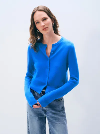 White + Warren White & Warren Cashmere Crewneck Cardigan Sweater In Bright Azure In Blue