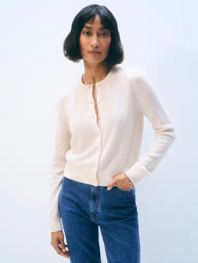 White + Warren White & Warren Cashmere Crewneck Cardigan Sweater In White In Gold