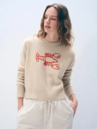 White + Warren White & Warren Cashmere Embroidered Lobster Crewneck Top In Natural Heather/red In Neutral