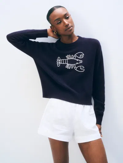 White + Warren White & Warren Cashmere Embroidered Lobster Crewneck Top In White In Black