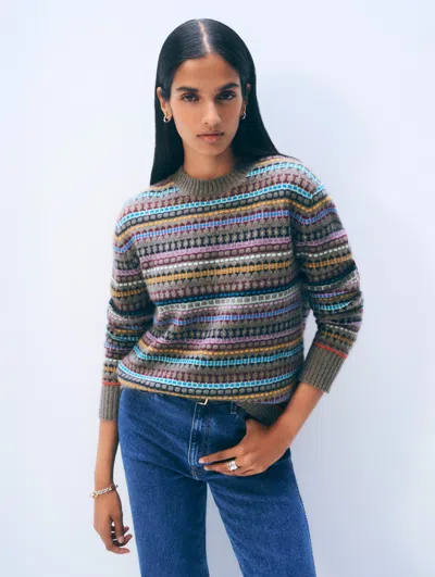 White + Warren White & Warren Cashmere Fair Isle Crewneck Top In Ashen Brown Combo In Multi