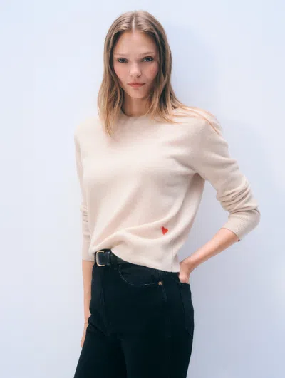 White + Warren White & Warren Cashmere Heart Crewneck Top In Natural Heather/poppy Red