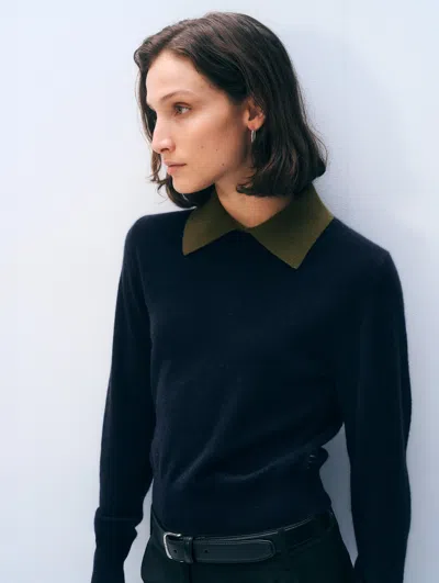 White + Warren White & Warren Cashmere Layered Collar Sweater In Deep Navy/deep Olive