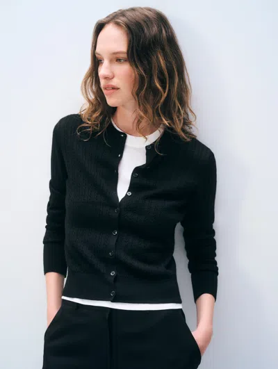 White + Warren White & Warren Cashmere Linen Fine Cable Cardigan Sweater In Black