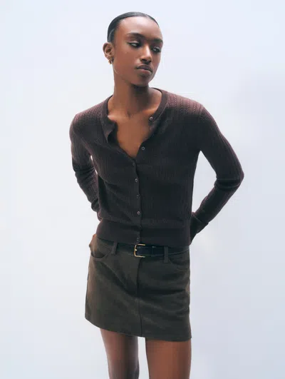 White + Warren White & Warren Cashmere Linen Fine Cable Cardigan Sweater In Dark Espresso In Brown