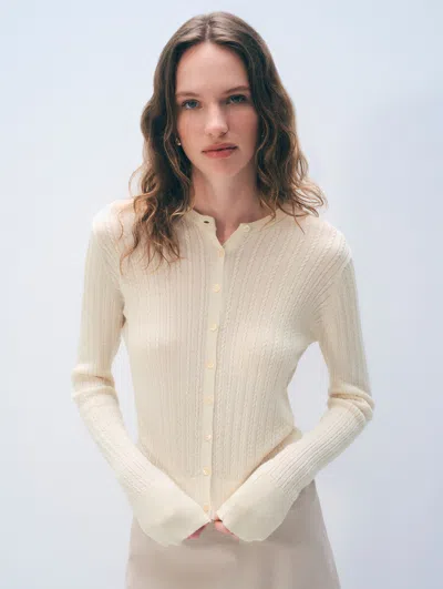 White + Warren White & Warren Cashmere Linen Fine Cable Cardigan Sweater In Ivory